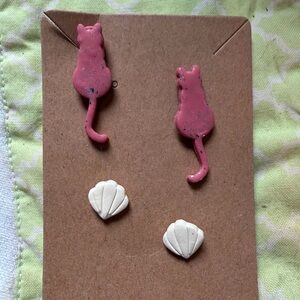 Pink Cat and White Shell Handmade Polymer Clay Earrings